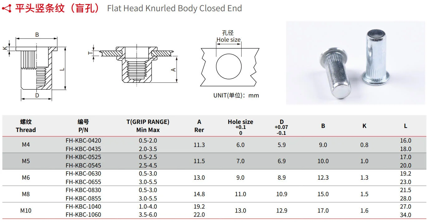 Flat Head Knurled Body Closed End Rivet Nut Specification